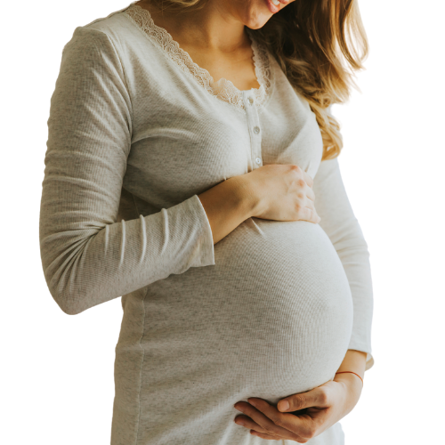 Pregnant woman cradling her stomach.