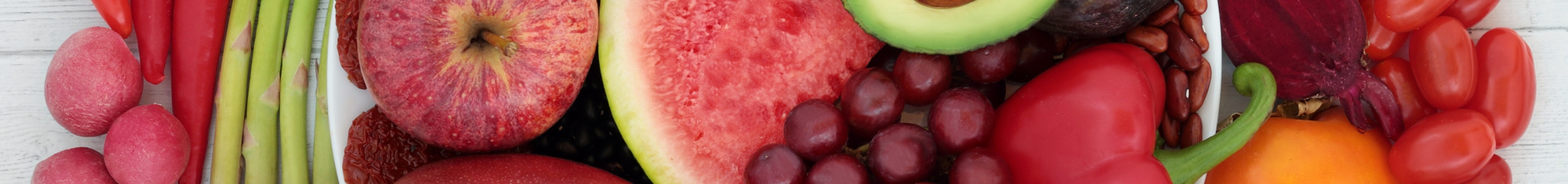 Image of grapes, apples, tomatoes, bell papers, avocado and other sources of lycopene.