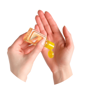 Image of the left hand squeezing hand sanitizer onto the right hand.