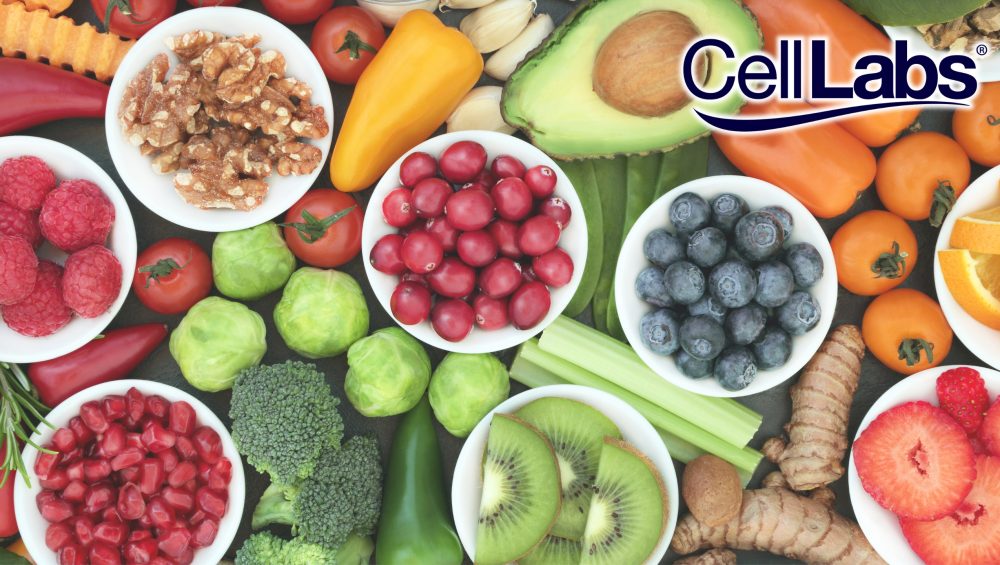 Image of various fruits and vegetables with CellLabs logo.