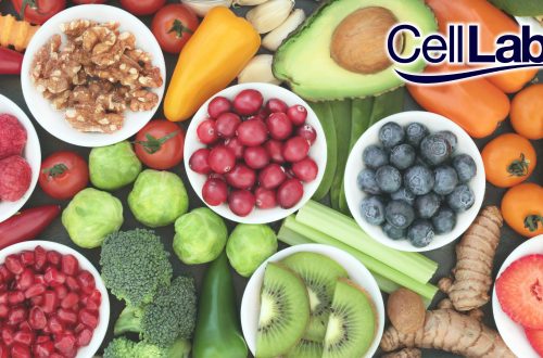 Image of various fruits and vegetables with CellLabs logo.