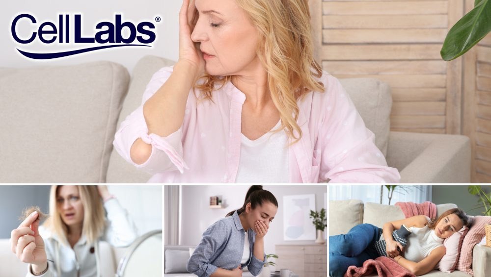 Collage of woman with headache, hair loss, nausea, and period pain.