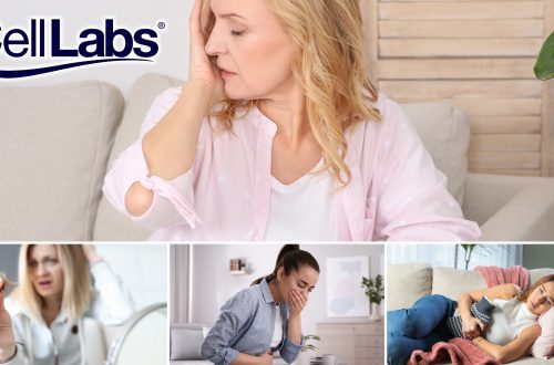 Collage of woman with headache, hair loss, nausea, and period pain.