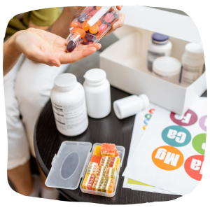 Image of woman taking multiple dietary supplements.