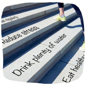 Woman taking steps written with tips for healthy lifestyle.