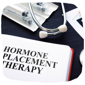 Image of a doctor's notebook with the words hormone replacement therapy with a stethoscope, and unopened needle syringes.