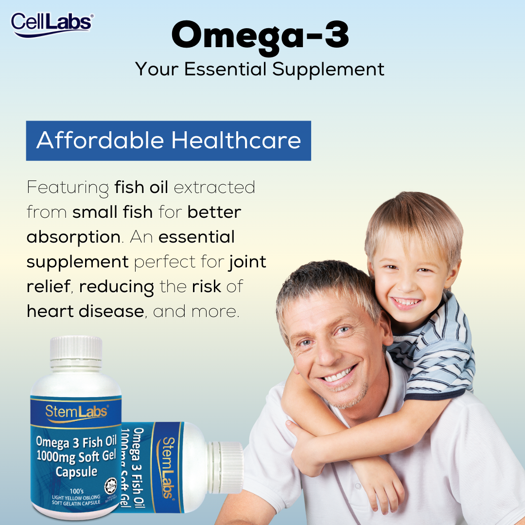 Image of a man and son with product image for StemLabs Omega-3 supplement bottles.