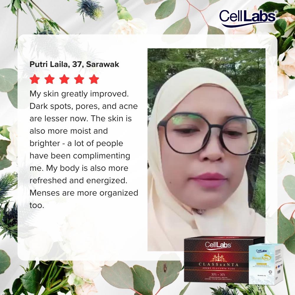 Image of Putri Laila (KOC) holding CLASSaaNTA and ReverAge packages for customer testimonial.