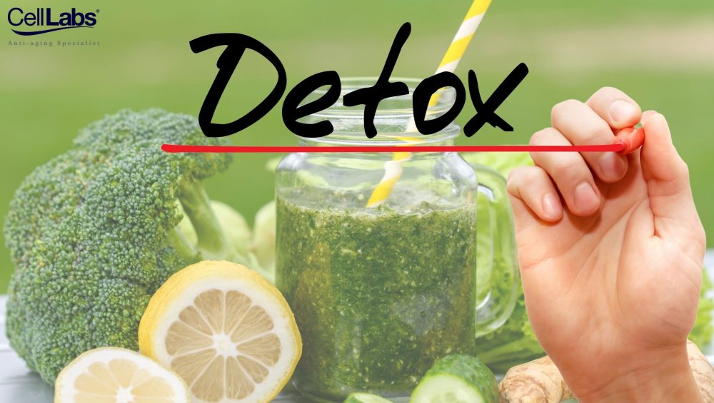Image of detox drink with broccoli, ginger, and lemon as ingredients overlaid by a hand scribbling the word "detox" as blog banner for "Why You Should Detox".