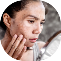 Woman looking at mirror and touching her age spots.
