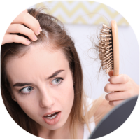Woman combing hair and shocked at seeing hair loss on comb.